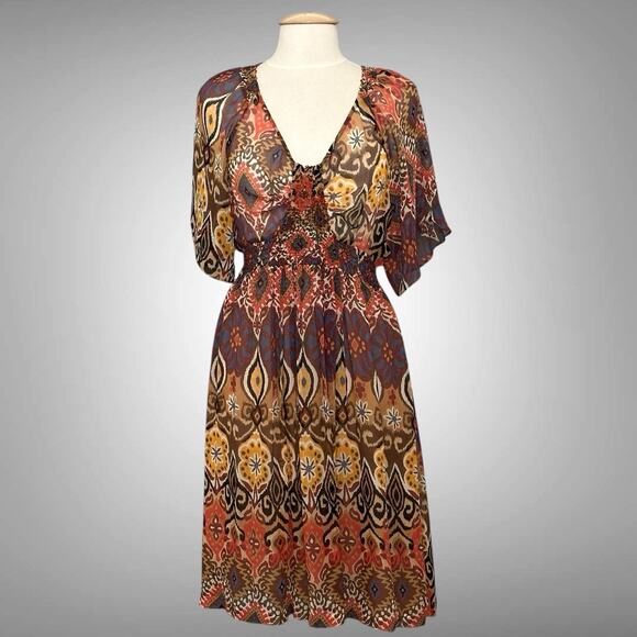 Sundance Womens Dress 8 Brown Colorful‎ Silk Chiffon Flowy Boho Hippie Western - Picture 1 of 13
